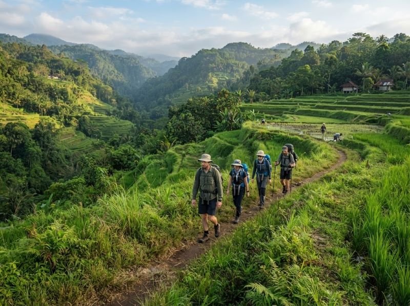 Travelers walking through the green landscape around Munduk