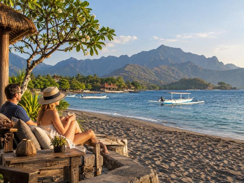 Travelers relaxing beside Pemuteran Bay in northwest Bali