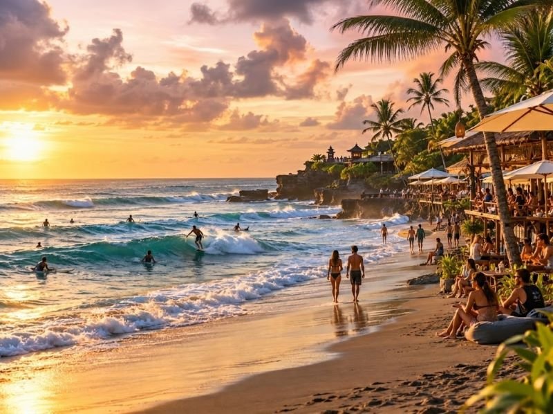 Batu Bolong Beach with surfers and beachfront cafés in Canggu Bali