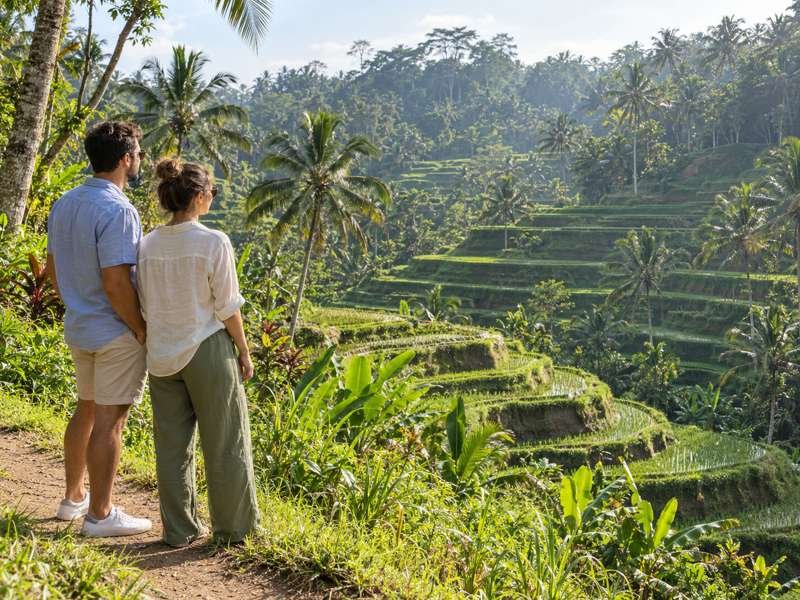 Couple enjoying the rice terrace scenery in Tegallalang near Ubud