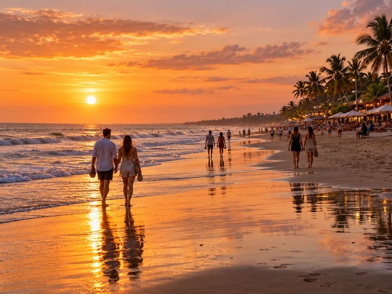 Double Six Beach in Seminyak with tourists enjoying a relaxing sunset walk