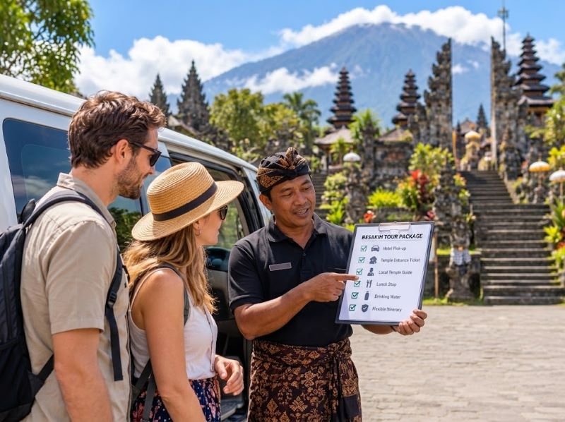 Local Bali tour guide explaining Besakih tour package inclusions to international visitors