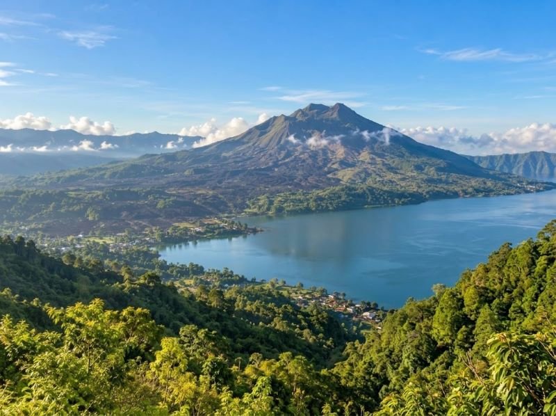 Mount Batur volcanic landscape overlooking Lake Batur from Kintamani
