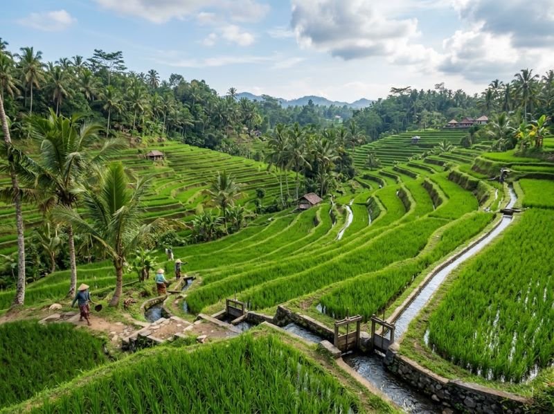 Rice terraces near Ubud with green fields and traditional subak irrigation