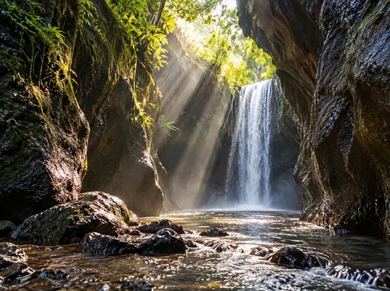 Sunlight entering the narrow rock gorge at Tukad Cepung Waterfall Bali