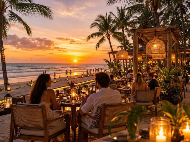 Sunset dinner at a beachfront restaurant in Seminyak Bali