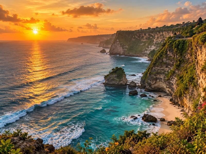Sunset overlooking the ocean cliffs and beaches of Uluwatu Bali