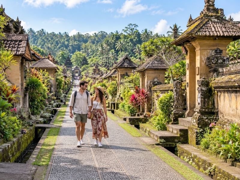Traditional Balinese houses along the stone walkway in Penglipuran Village