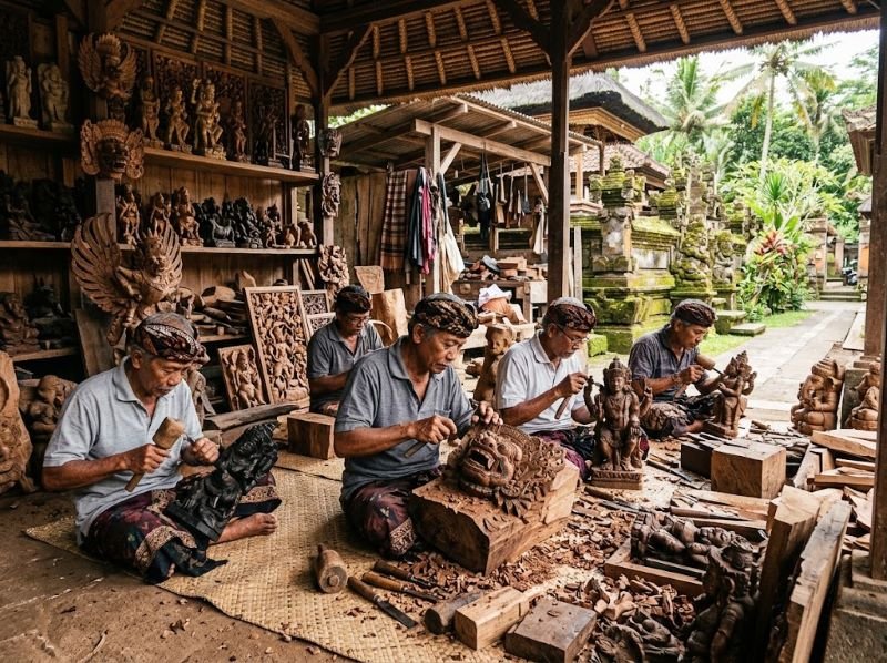 Traditional woodcarving workshop in Mas village, Gianyar, Bali