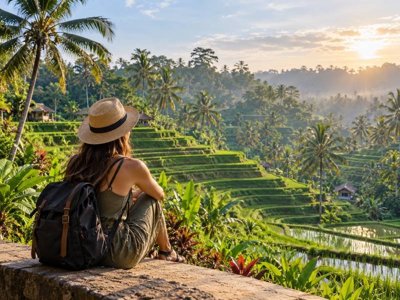 Traveler enjoying rice field scenery near Ubud