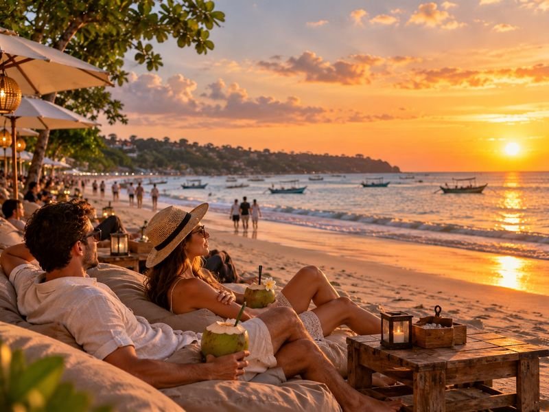 Travelers enjoying a slow afternoon on the Jimbaran coast