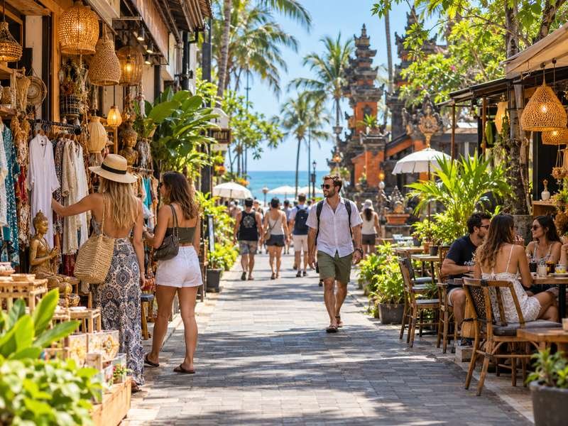 Travelers exploring shops and cafes around Kuta Bali