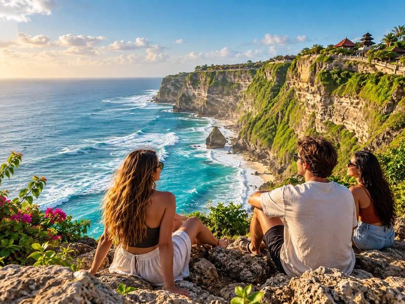 Travelers relaxing beside the dramatic coastal cliffs of Uluwatu Bali